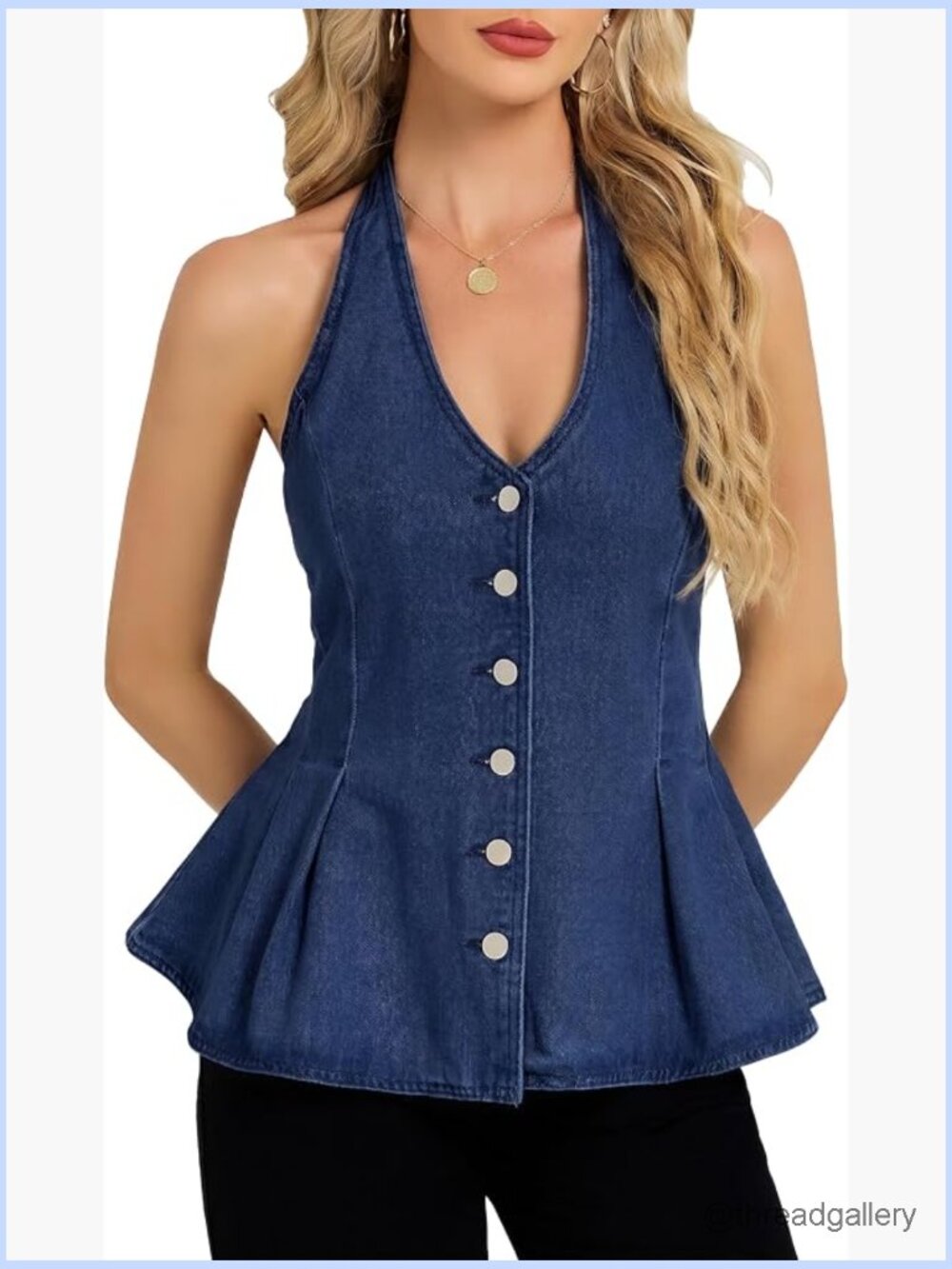 Halter Denim Vest Top Backless Ruffle Hem Sleeveless Button Down Peplum Jean